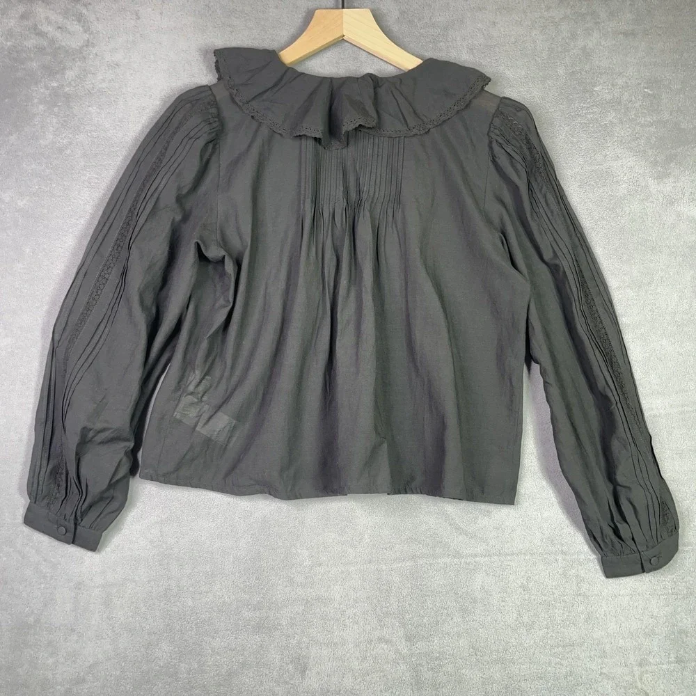 NWT Madewell Lace-Insert Ruffled Pintuck Long Sleeve Top XS Jet Black Boho